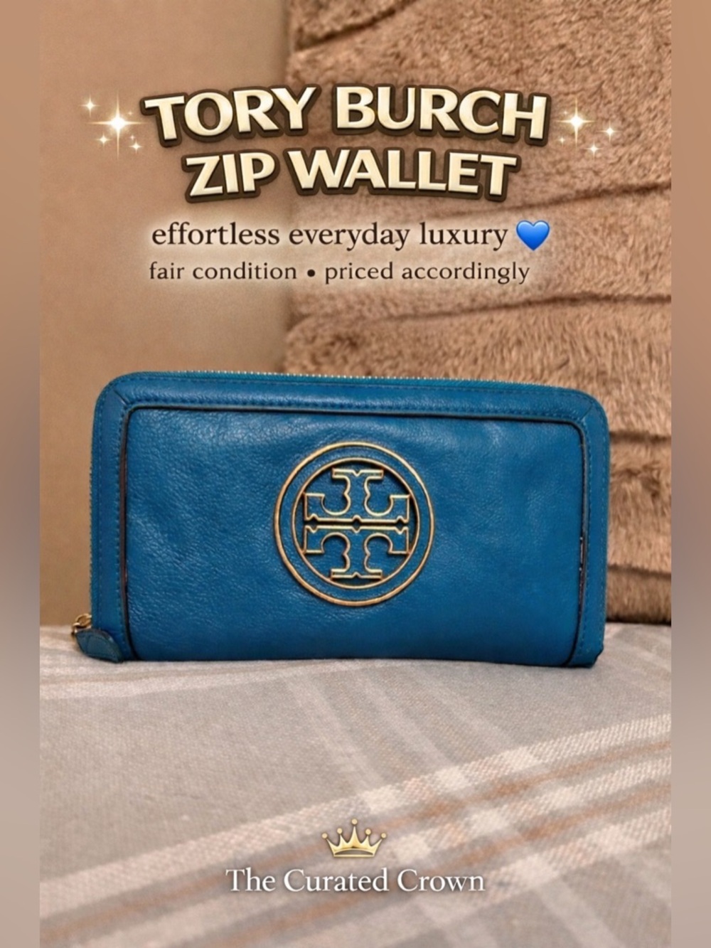 Tory Burch Teal Blue Zip-Around Leather Wallet with Gold Logo